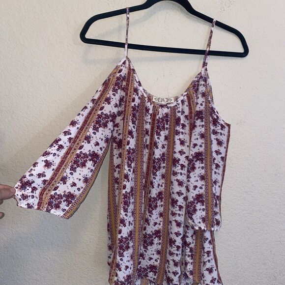 Pink Rose Floral Hippie Jojo Open Shoulder Blouse 3/4 Balloon Sleeve L Women - Picture 1 of 9